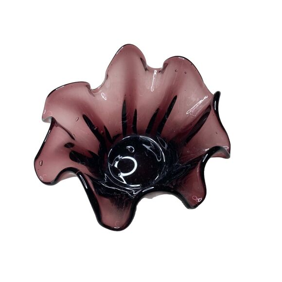 Vintage Amethyst Ruffle Blown Art Glass 1960’s, 70’s MCM Mid Century Decor Bowl - Picture 2 of 5